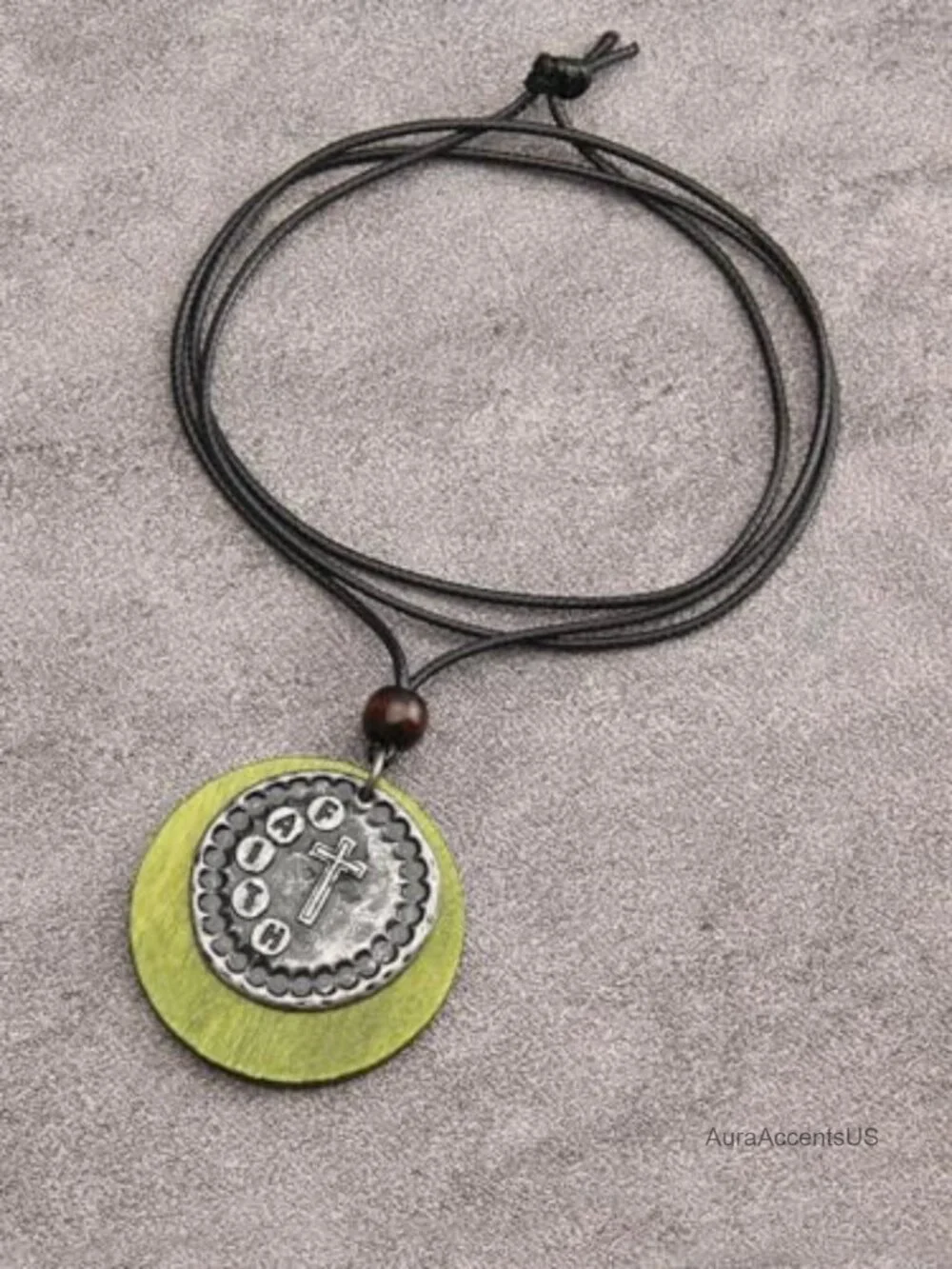 Faux Leather Cord Necklace Wooden Pendant Long Boho Vintage Layered Jewelry